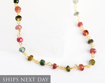 Dainty Beaded Multi Tourmaline Necklace, Multi Tourmaline Beaded Choker, Multi Tourmaline Jewelry, Gift for Daughter, Gift for Mom
