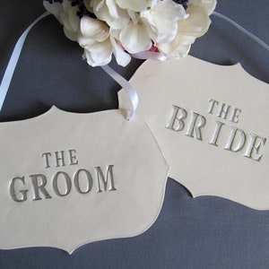 Large The Bride & The Groom Wedding Sign Set to Hang on Chair, Wedding Decorations and Photo Prop READY TO SHIP Silver