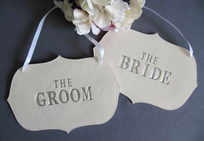 Large The Bride & The Groom Wedding Sign Set to Hang on Chair, Wedding Decorations and Photo Prop READY TO SHIP Silver