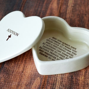 This heart-shaped keepsake box would be a perfect baptism, christening, first communion, or confirmation gift. It's made of earthenware clay, has an Irish blessing and can be personalized.