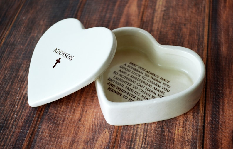 This heart-shaped keepsake box would be a perfect baptism, christening, first communion, or confirmation gift. It's made of earthenware clay, has an Irish blessing and can be personalized.