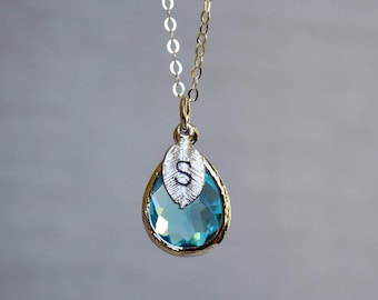 Personalized Aquamarine Teardrop Necklace, Initial Leaf Charm
