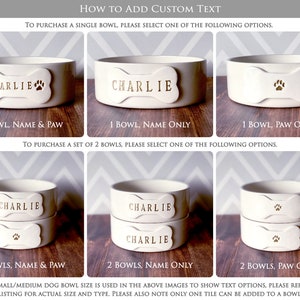 Informational image showing ordering options for adding text or a paw print to the bone-shaped tile on the front of each bowl. Please read listing description for directions on options. A name, paw print, or both can be stamped on each tile.