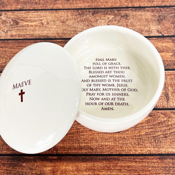 Hail Mary Keepsake | Personalized with Name | Prayer | Round Rosary Box | Baptism, Holy Communion or Confirmation Gift | Ave Maria Present