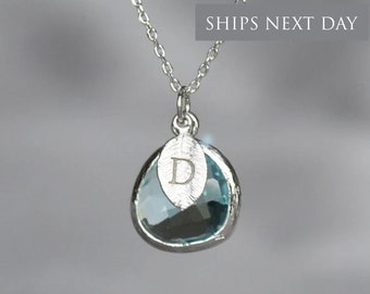 March Birthstone Necklace, Personalized Aquamarine Necklace, Bridesmaid Necklace, Custom Initial Necklace, Gift for Her, Aquamarine Jewelry