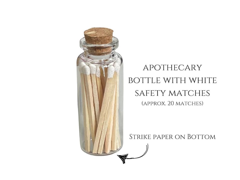 Apothecary bottle with cork stopper contains approx. 20 white tipped matches