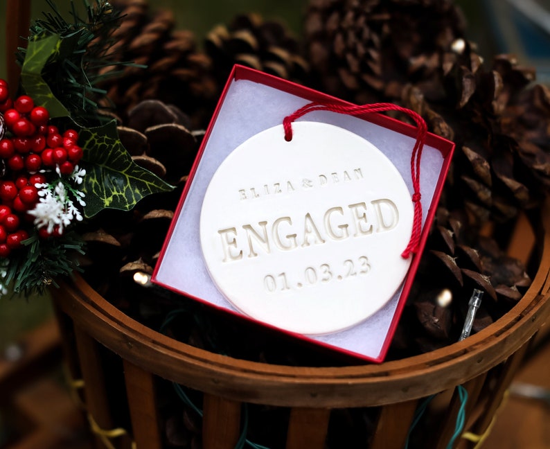 Engagement Ornament Personalized With Names and Date Engagement Gift or Christmas Gift, Custom Christmas Engaged Ornament image 1