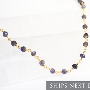 Dainty Beaded Iolite Necklace, Iolite Beaded Choker, September Birthstone Necklace, Mother&#39;s Day Gift, Iolite jewelry, Gift for Mom