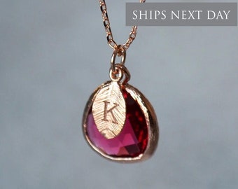 Personalized Ruby Necklace, Bridesmaid Necklace, July Birthstone Necklace, Custom Initial Necklace, Birthday Gift for Her, Ruby Jewelry