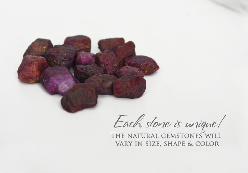 This natural raw Ruby necklace is a perfect gift for a July birthday. Ruby represents love, energy, passion, power, and a zest for life. Each is unique in shape and size. Colors range from vibrant red to purplish red.