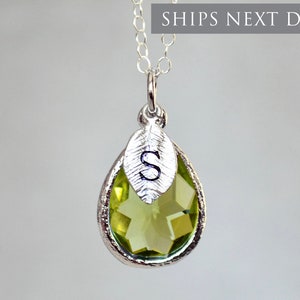 Personalized Peridot Necklace, August Teardrop Birthstone Necklace, Bridesmaid Necklace, Custom Initial Necklace, Birthday Gift for Her