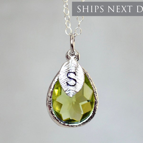 Personalized Peridot Necklace, August Teardrop Birthstone Necklace, Bridesmaid Necklace, Custom Initial Necklace, Birthday Gift for Her