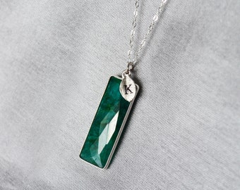Emerald Bar Necklace, May Birthstone, Sterling Silver or 18K Gold, Bridesmaid Gift, Initial Charm