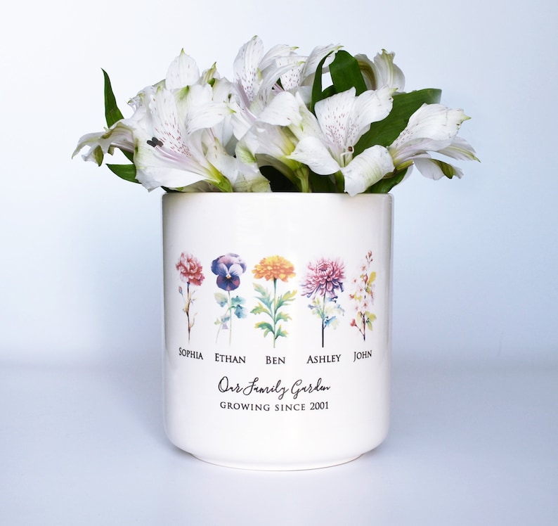 Mother's Day Gift, Birth Month Flower Personalized Outdoor Flower Pot or Vase, Personalized Gift for Her, Grandma or Mom Gift, LARGE Size Color flowers