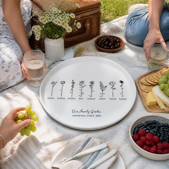 Personalized 12" Ceramic Serving Tray - Garden of Love Birth Flowers -…