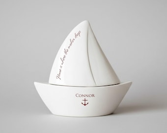 Gift for a Sailor - Sailboat-shaped Personalized Ceramic Trinket Box