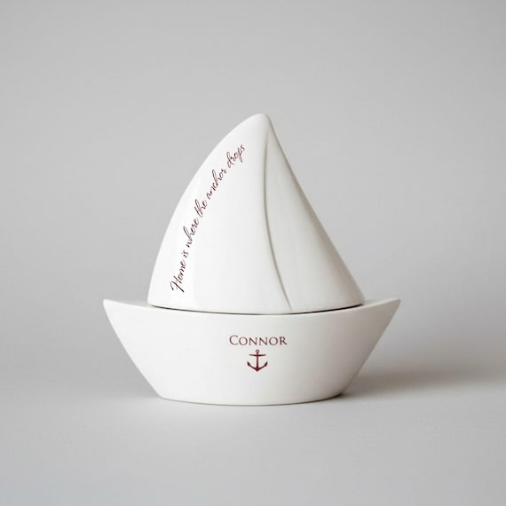 Gift for a Sailor - Sailboat-shaped Personalized Ceramic Trinket Box
