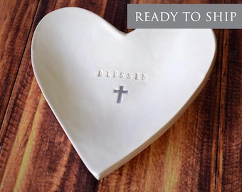 Baptism Gift -Blessed Heart Bowl with Cross- First Communion Gift, Confirmation Gift, Godchild Gift for Baptism, Baby Baptism -READY TO SHIP