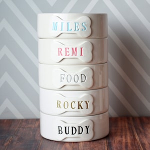 5 bowls are shown stacked on top of each other, each have a bone shaped tile on the front with a pet name stamped into it. Each name is painted a different color to show the color options. Colors include light blue, pink, silver, gold, and black.