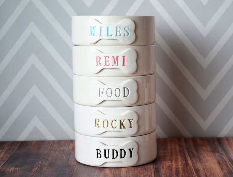 5 bowls are shown stacked on top of each other, each have a bone shaped tile on the front with a pet name stamped into it. Each name is painted a different color to show the color options. Colors include light blue, pink, silver, gold, and black.