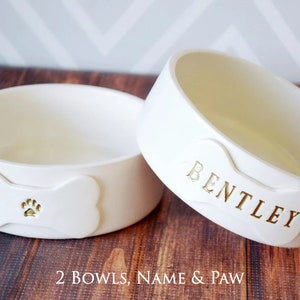 Image of the 2 bowls, name & paw option. Two bowls are shown, each with a bone shaped tile on the front. One bowl tile is stamped with a pet name in all capital letters, the other has a paw print image, both painted in metallic gold.