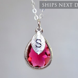 Mother's Day Jewelry Gift, Ruby Necklace, Mom Necklace Gift for Her, July Teardrop Birthstone Necklace, Personalized Initial Necklace