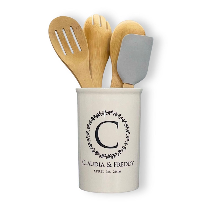 ceramic utensil holder or flower vase in white with personalized text and intial