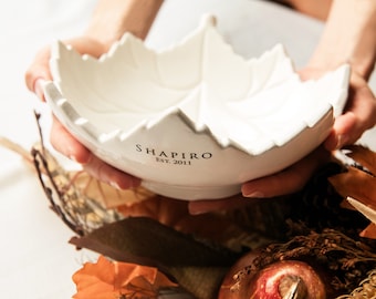 Personalized Ceramic Leaf Bowl: Custom Wedding or Anniversary Gift
