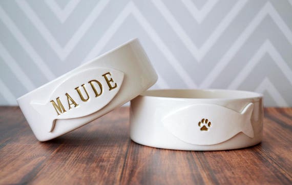 Personalized Ceramic Pet Bowls with Paw Print Custom Dog Bowl from Photo  and Name