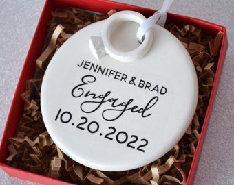 Engagement Ornament - Engagement Gift, Bridal Shower Gift, or Christmas Gift - With Names Date and Ring