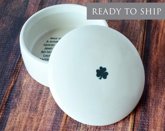 Baptism Gift, First Communion Gift or Confirmation Gift - READY TO SHIP - With Irish Blessing in Green - Round Keepsake Box