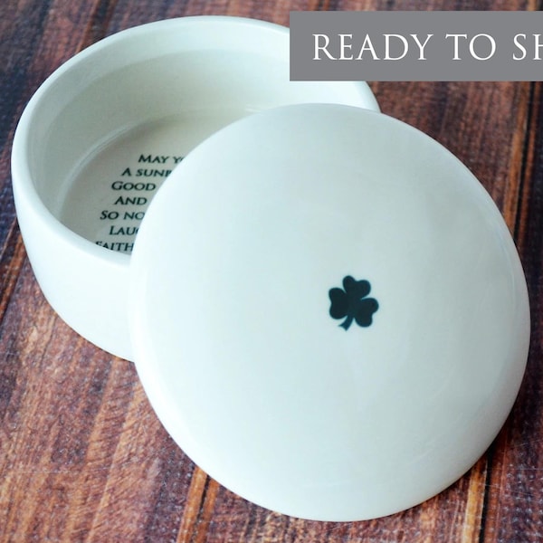 Baptism Gift, First Communion Gift or Confirmation Gift - READY TO SHIP - With Irish Blessing in Green - Round Keepsake Box