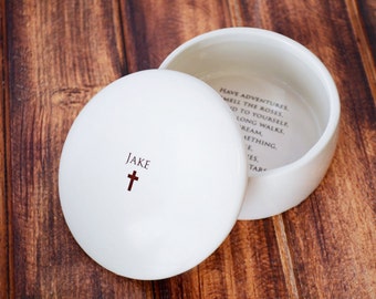 Personalized Baptism Gift, First Communion Gift, Confirmation Gift, Christening Gift, Religious Gift -Round Keepsake Box- Have Adventures...