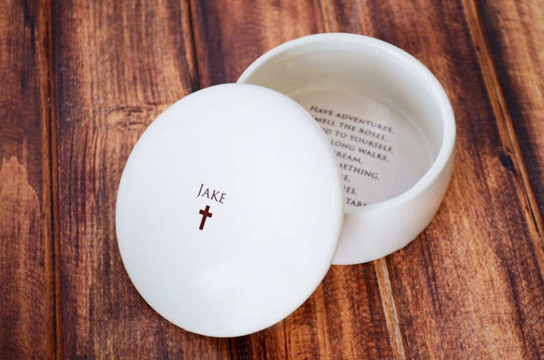 This lovely round keepsake box would be a perfect baptism, christening, first communion, or confirmation gift. It can be personalized with a name and custom message.