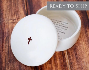 Baptism Gift, First Communion Gift, Confirmation Gift, Religious Gift - READY TO SHIP - Round Keepsake Box - Have adventures ...