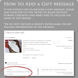 Informational image on how to add a gift message. If you would like to include a gift message, please add your text in the notes to seller section during checkout and make sure to include the name of the sender. We do not include a receipt.