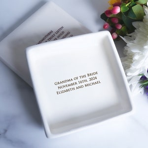 White ceramic square trinket box with the inscription "Grandma of the Bride, November 16th, 2024, Elizabeth and Michael".