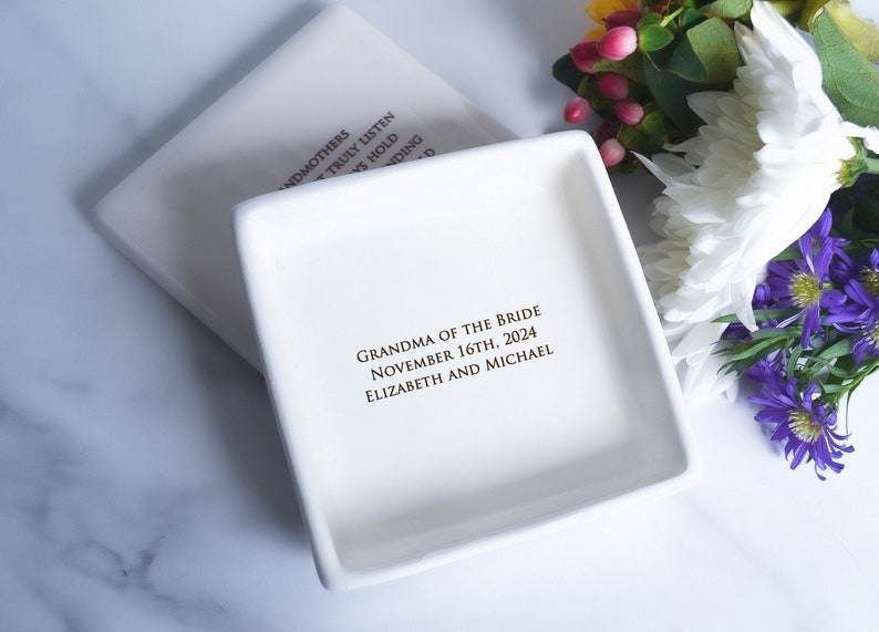 White ceramic square trinket box with the inscription "Grandma of the Bride, November 16th, 2024, Elizabeth and Michael".