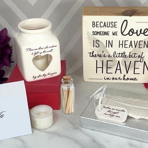 Sympathy gift box with memorial candle, Christmas tree ornament and wood block sign