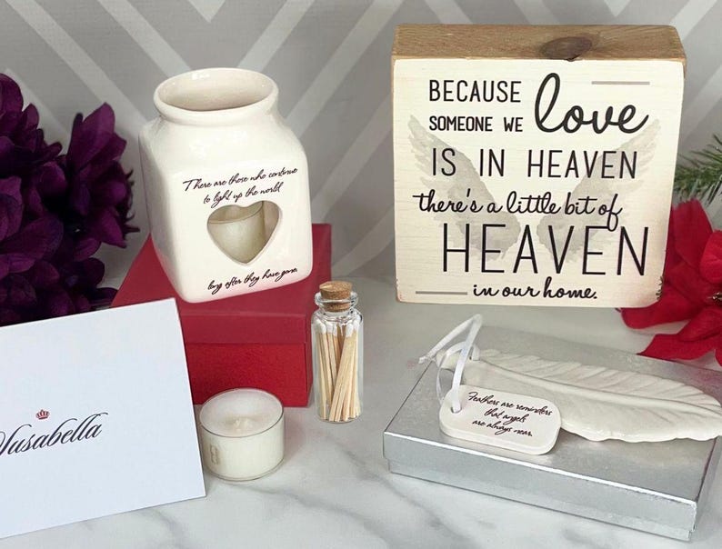 Sympathy gift box with memorial candle, Christmas tree ornament and wood block sign