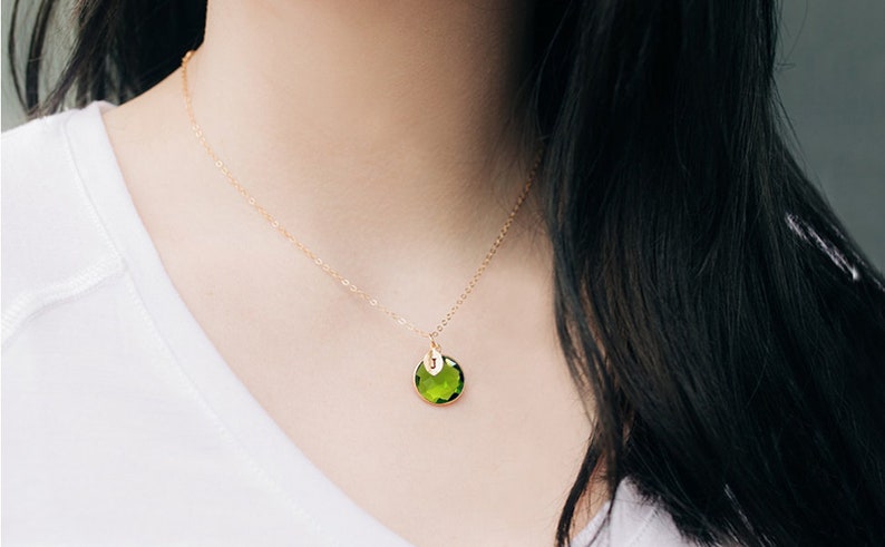 August Birthstone Necklace, Peridot Necklace, 18K Gold or Sterling Silver, Wife Gift, Personalized Round Necklace, Bridesmaid, Mom Gift image 2