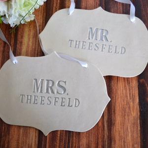 Mr. and Mrs. Wedding Sign Sets, Personalized with Last Name, Large, Hang on Chair and Use as Photo Prop, Handmade Ceramic Signs