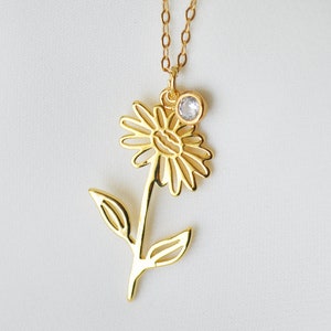April Birth Flower Necklace, Daisy Birth Flower Necklace, Birth Flower with Birthstone Stone Necklace, April Birthday Gift for Her