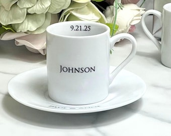 Personalized Espresso Cup & Saucer, Wedding Gift, 3 oz., Porcelain, Coffee Lover Gift, Custom Text, Macchiato, Birthday Present