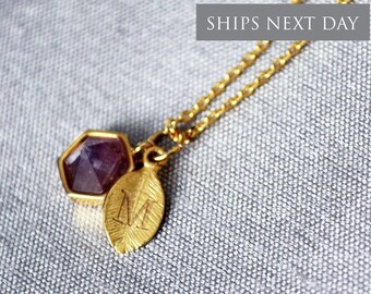 Amethyst Necklace, February Birthstone Necklace, Aquarius Necklace, Bridesmaid Necklace, Custom Initial Necklace, Purple Hexagon Necklace