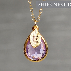 Personalized Lilac Necklace, February Birthstone Necklace, Teardrop Bridesmaid Necklace, Custom Initial Necklace, Birthday Gift for Her