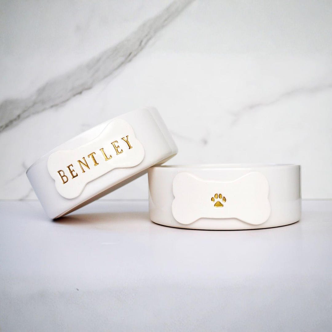 Personalized Dog Bowl, Custom Dog Bowl, Dog Gift, Puppy Gift - Small/Medium Size - Ceramic - Silver, 2 Bowls, Name Only