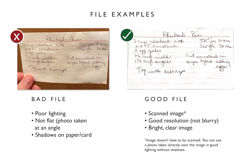 May include: A handwritten recipe for rhubarb pie on lined paper. The recipe includes ingredients such as rhubarb, cornstarch, eggs, milk, and sugar. The instructions include baking temperatures and times. The recipe also notes to add cornstarch to the sugar before adding the eggs.
