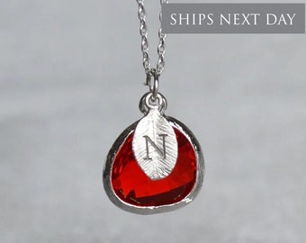 Personalized Garnet Necklace, January Birthstone Necklace, Bridesmaid Necklace, Custom Initial Necklace, Gift for Her, Garnet Jewelry