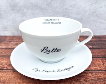 Personalized Porcelain Latte Cup & Saucer, Cappuccino Cup, Coffee Mug, Coffee Lover Gift, Customizable, Wedding Gift, Macchiato, Barista